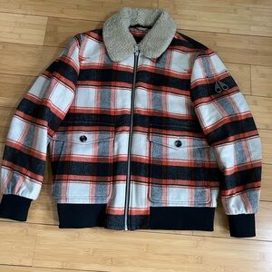 Moose Knuckles Red and Black Plaid Bomber Jacket